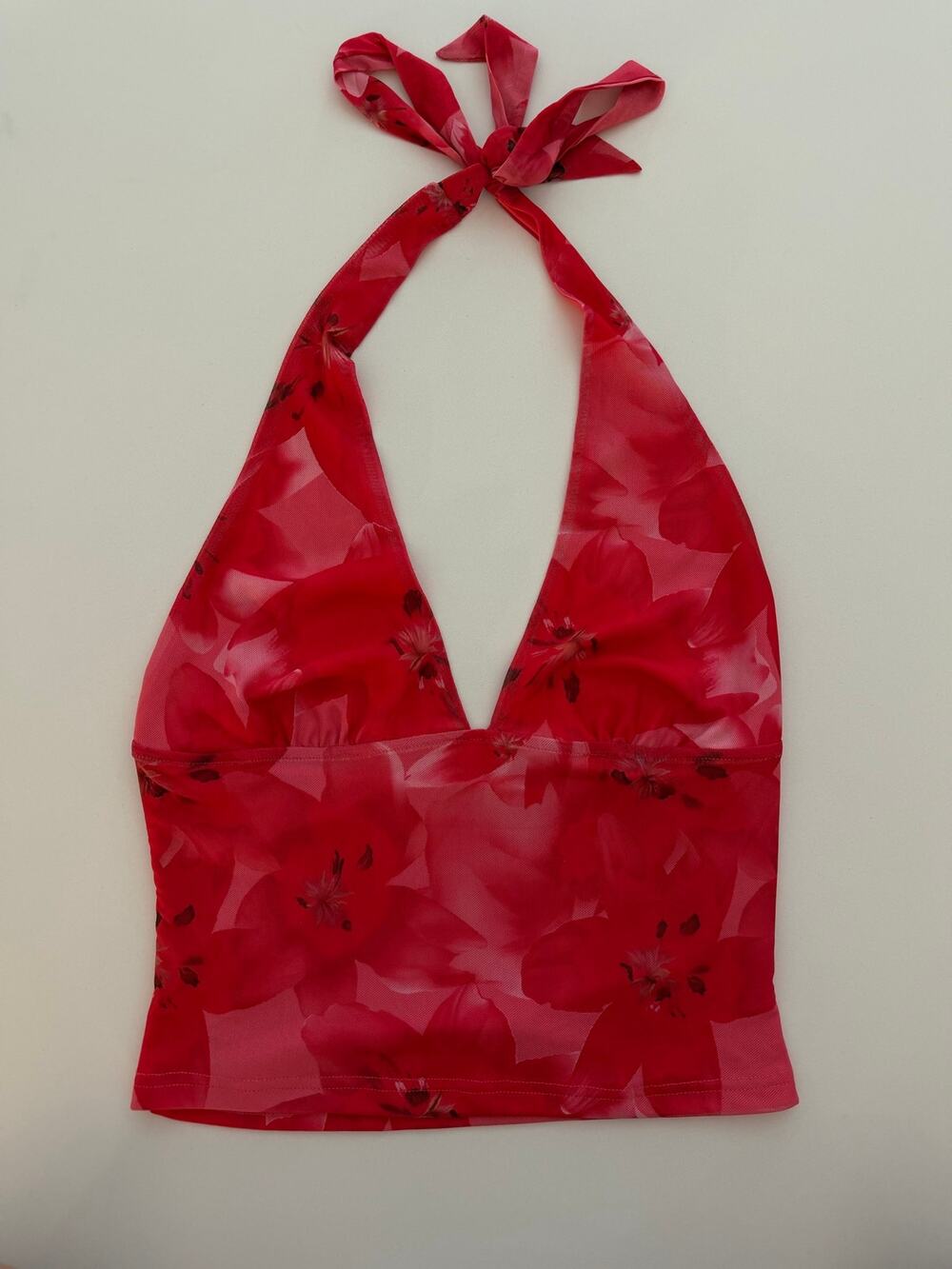 Red Floral Mesh Halter Crop Top - House of Thread - Size L - NWOT